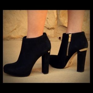Michael Kors Black Suede Haven Booties Gold Detail